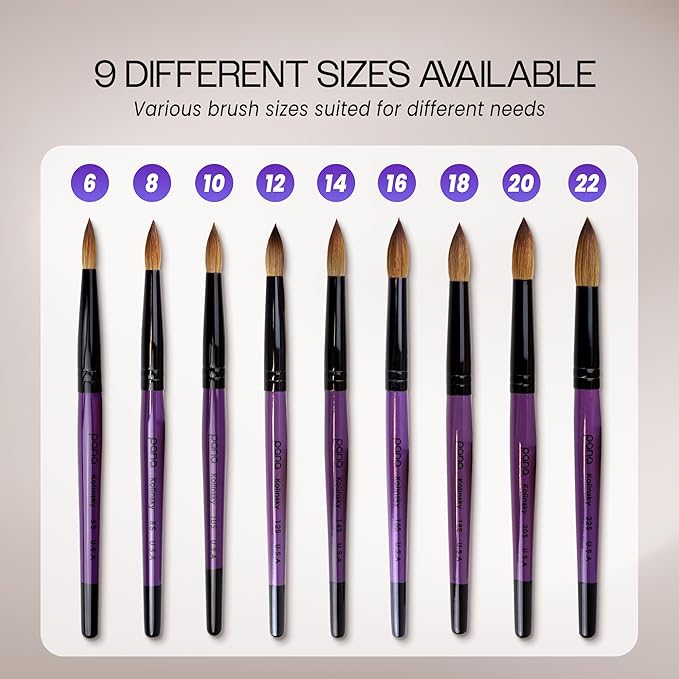 PANA Pure Kolinsky Hair Acrylic Nail Brush - Round Shape Black Ferrule with Purple Wood Handle (Size 12) - for Acrylic Nail Application Nail Extension Manicure Pedicure Salon Beginner and Professional