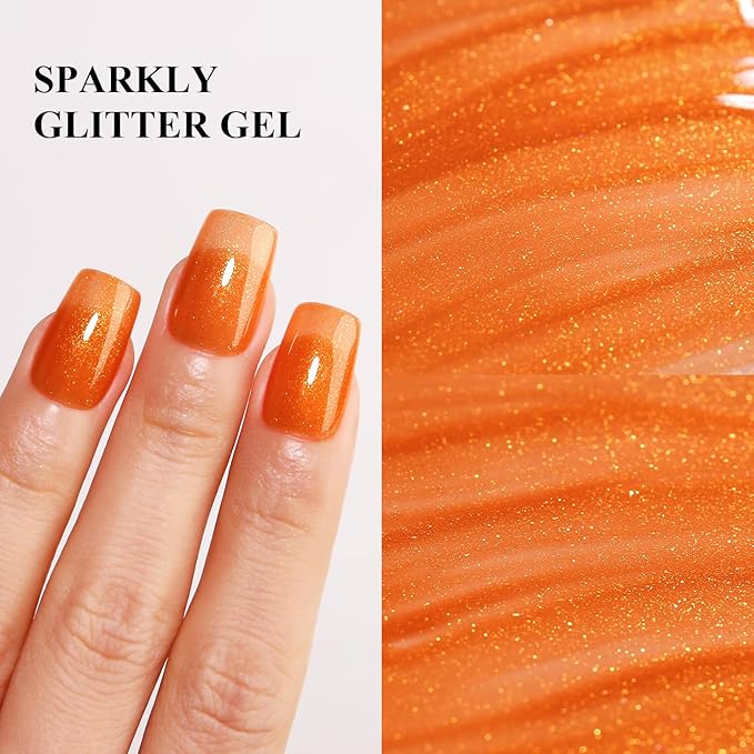 Imtiti Glitter Gel Nail Polish, 0.5 Fl Oz Orange Glitter Gel Polish Soak Off LED UV Shimmer Sparkle DIY Nail Art Starter Manicure Salon