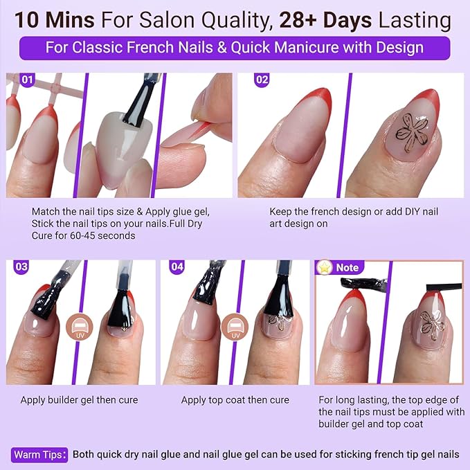 Gel French Tip Nails Short Almond French Tip Press on Nails SXVME White French Nail Tips 150Pcs Pre-applied Tip Primer Natural Skin Tones Fake Nails Extensions Gel Nail Kit for Women Girls DIY