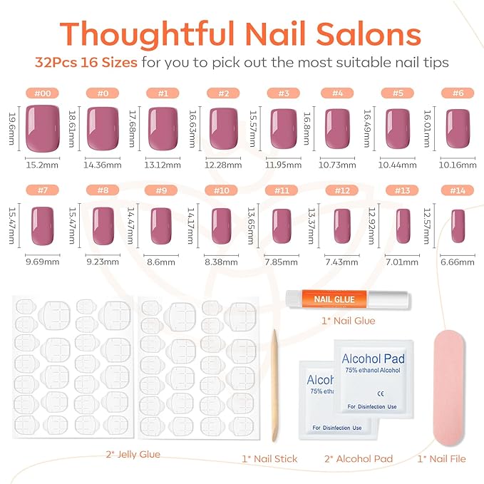 Modelones Petal Pink Press on Nails, Spring Short Square Fake Nails, Reusable Nail Kit with Nail Glue Adhesive Tabs Mini Nail File, Nails Press Ons 32Pcs 16 Sizes, Women Girl Gift