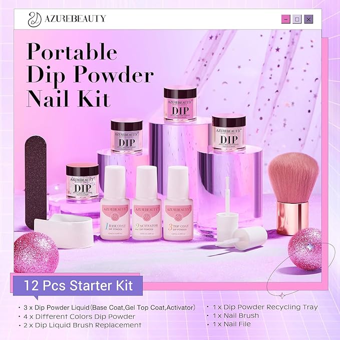 AZUREBEAUTY Dip Powder Nail Kit Starter, Pastel Lavender Pink Glitter, 4 Colors Spring Summer Dipping Powder Set, French Nail Art Base Top Activator Liquid Manicure DIY Salon