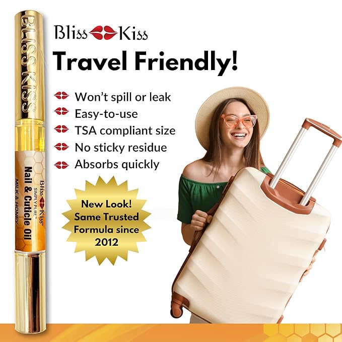 Bliss Kiss | 1 Milk & Honey | Nail Oil Cuticle Pen w/Vitamin E & Jojoba⏤Nail Strengthener Nail Growth Serum for Brittle Peeling Breaking Thin Nails