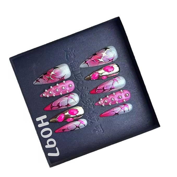 Handmade Press on Nails Long Stiletto Fake Nails Ombre Red False Nails Silver Foil Rhinestone Glue on Nails Reusable Full Cover Halloween Nail for Women Girls Manicure 10PCS Size L