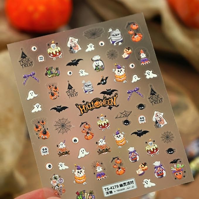 Halloween Nail Stickers 3D Self Adhesive Cute Ghost Nail Art Stickers 5D Embossed Spider Nail Decals Spider Web Nail Art Supplies Bat Holiday Nail Design for Women Girls 1 Sheets