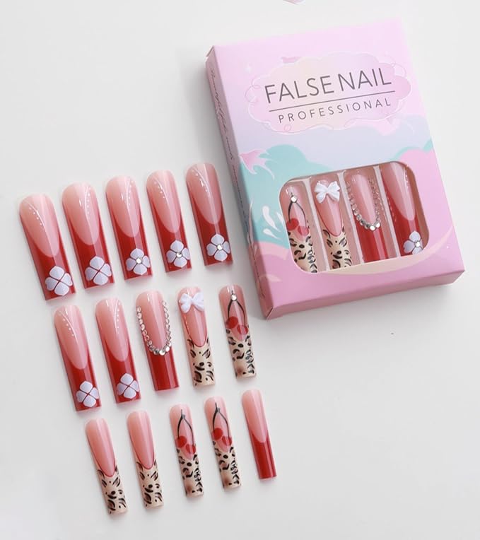 Press on Nails Square - Extra Long Fake Nails with 3D Rhinestones and Bows, Red French Tips Cute Fall False Nail, Fall Stick On Nails for Women, 12 Sizes - 24 Nail Kit, Floral Fusion