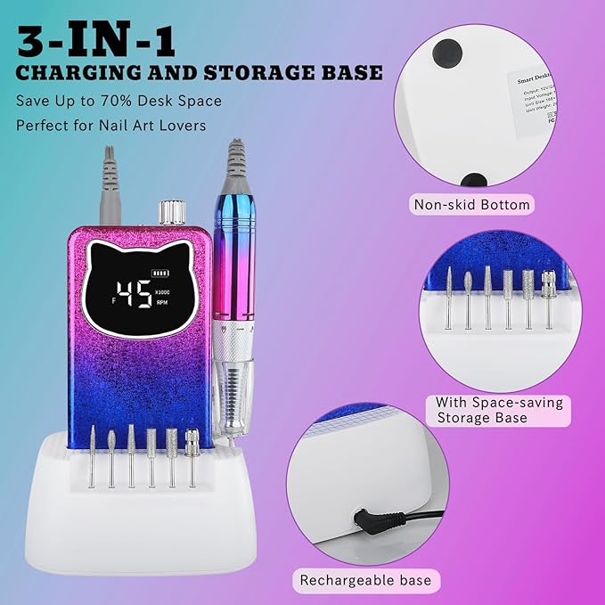 Professional Nail Drill File 45000RPM Electric Portable Kit with Rechargeable 8 uñas Bits Cordless Efile for Gel Acrylic Remover Home Salon Manicure Base Tool (Snowflake Blue and Charging Base)