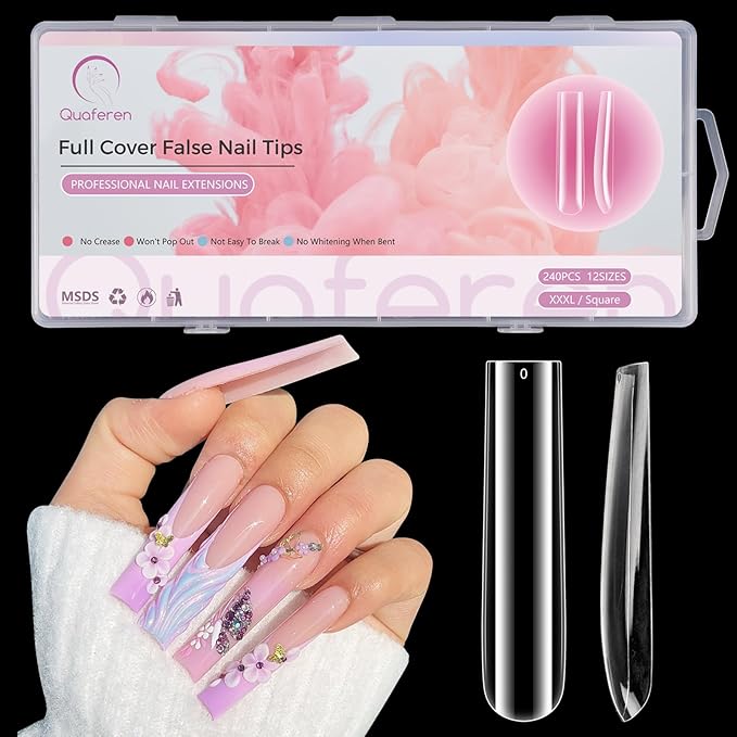 Clear Long Square Nail Tips: XXXL Extra Long Straight Tips Square for Acrylic Nails - Full Cover C Curve Acrylic Gel Nail Tips for Salon DIY Home Salon 240Pcs 12 Sizes