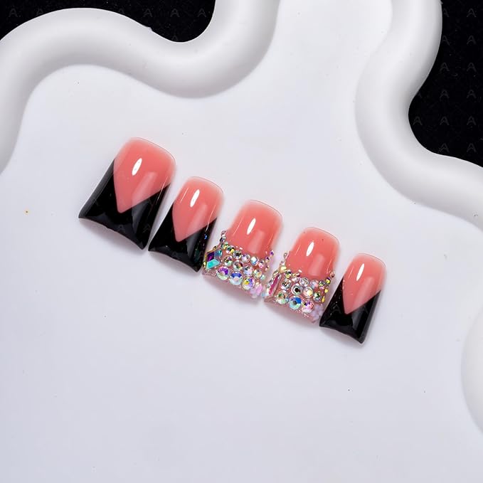 10 Pieces Luxury Y2K Acrylic Press On Nails Short Handmade Duck Nails, Black Thickened French False Nails With Bling Rhinestones, Reusable Fake Nails, Acrylic Nails (L)
