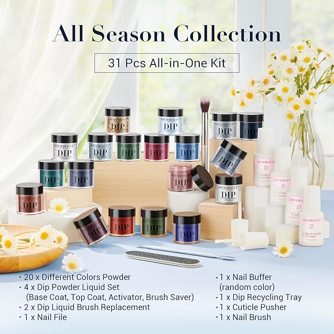 AZUREBEAUTY Dip Powder Nail Kit Starter Summer Blue Red Green Glitter 31 Pcs 20 Colors Dipping Powder Liquid Set with Top/Base Coat Activator for French Nails Art DIY Salon Gift