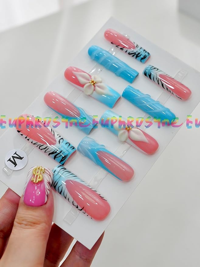 10PCS Pink and Blue Press On Nails – Long Coffin Fake Nails with Zebra Print, 3D Flower Charms & Swirl Design, Glossy Reusable Y2K Summer Nails for Women and Girls – Euphrosyne