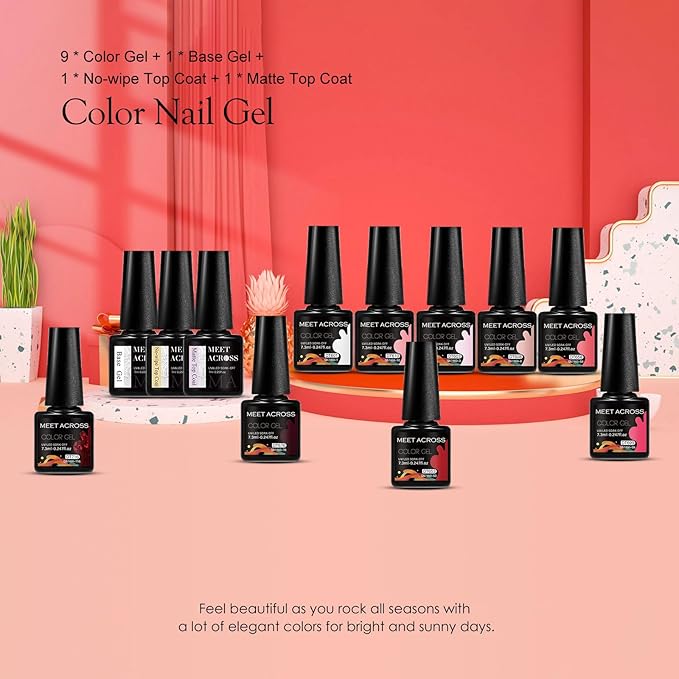 MEET ACROSS 9 Colors Gel Nail Polish + 3PCS Function Gel Nail Polish Kit,Fashion Nail Art Set Design Gifts for Women Manicure Salon (SET19, 12pcs)