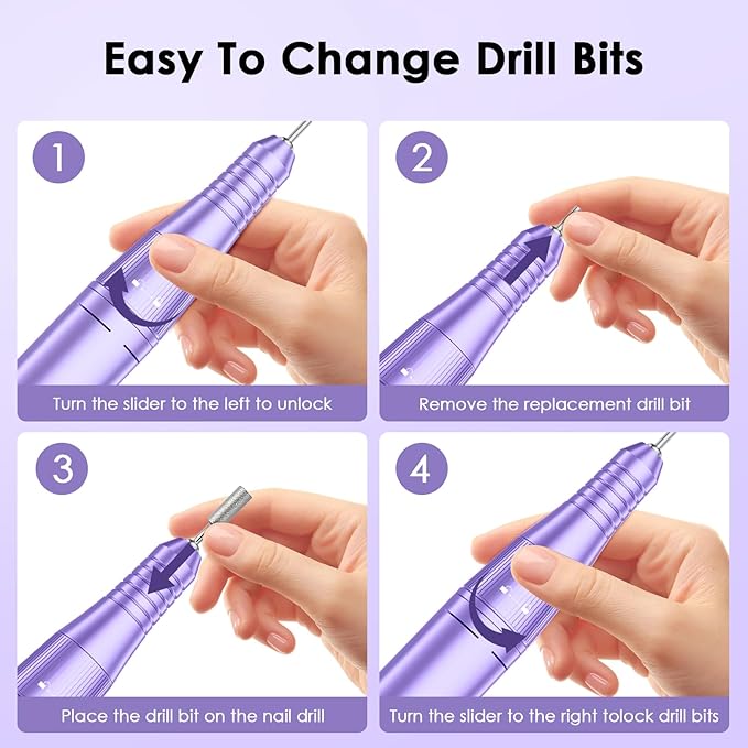 Professional Electric Nail Drill File, HUGMAPLE 45000RPM Portable E-File Machine with Bits & Base, Cordless Rechargeable Nail Drill Kit for Shaping, Removing & Polishing Gel Nails Salon Home (Purple)