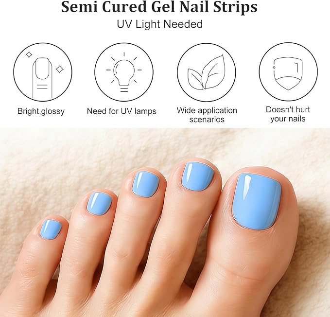 26 Pcs Semi Cured Gel Toe Nail Strips Blue Solid Gel Nail Stickers Full Cover Blue Nails Wraps Self Adhesive Toe Nails Polish Strips Stickers for Women UV/LED Light Required