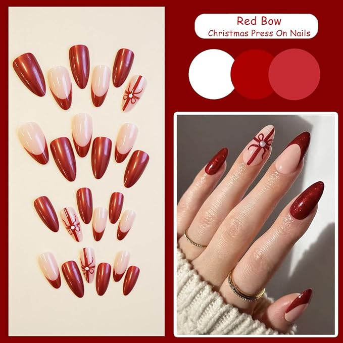 24pcs Red French Tip with Bow Medium Almond Press On Nails, Reusable Nail Kit with Adhesive Tabs, 11 Sizes (Red Bow)
