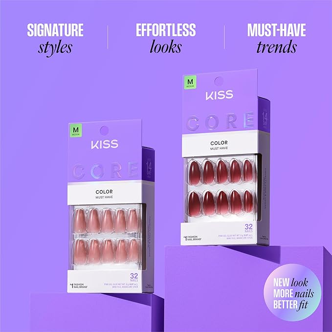 KISS CORE, Press On Nails, Nail glue included, 'Embullience', Beige, Short Size, Squoval Shape, Includes 32 Nails, 2g Glue, 1 Manicure Stick, 1 Mini File