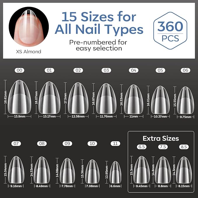modelones Extra Short Almond Gel Nail Tips, 360pcs Pre-etched Clear Fake Nails Press On Full Cover Half Matte 15 Sizes Acrylic Gel Tips for Extension Salon