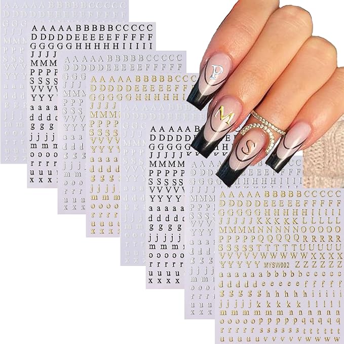 Letters Nail Art Stickers English Alphabet Nail Decals 3D Self-Adhesive Metallic Gold Silver Nail Sticker Black White Letter Nail Art Supplies for Women Girls DIY Pegatinas Uñas Manicure 8 Sheets…