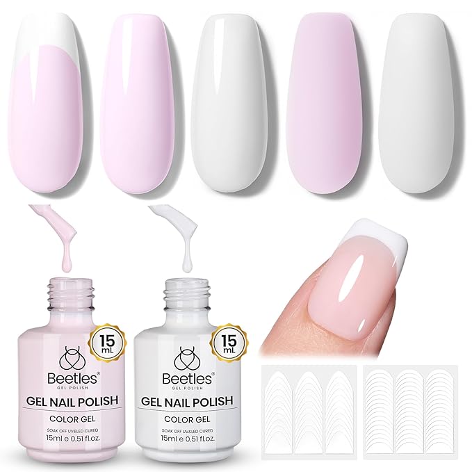 Beetles French Tip Gel Polish Set - Spring White Pink Gel Nail Polish Set Soak Off UV LED with 2 Styles Classic French Nail Art Sticker Sheets Manicure DIY Home Salon Gifts for Women Pure French