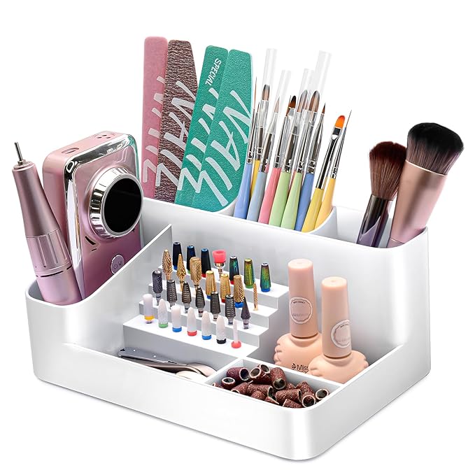 ANRUI Nail Drill Machine & Bits Storage Box, Plastic Nail desk organizer of 28 Holes Nail Drill Holder, Professional Nail Drill Grinding Bit Holder Box for Manicure tools - White