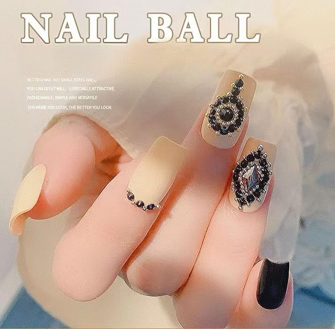 12 Grids Art Charms Metal Beads 3D Caviar Small Steel Ball Nail Accessories Nail Art Metal Mini 3D Mixed Sizes DIY ons Accessories (Black and Gold