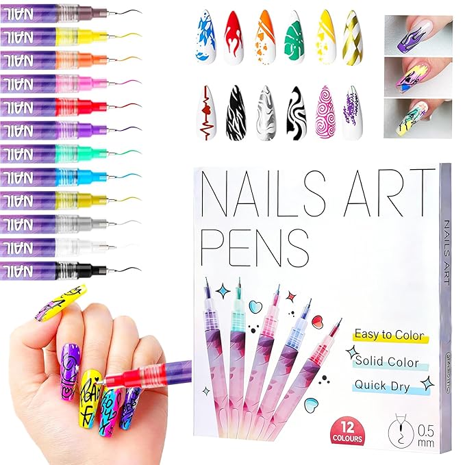 Easter Gifts 12 Colors Nail Art Pens Set, Nail Art Markers Nail Polish Pens for Drawing Painting Point Liner Acrylic Paint Pen Kit Quick-Drying DIY Nail Art Beauty Adorn Manicure Tools