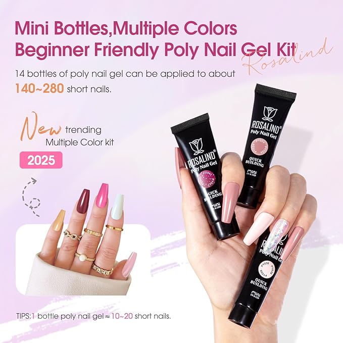 ROSALIND Poly Nail Gel Colors Kit -14 Colors +72 Nail Art Accessories Glitter Poly Nails Gel Kit Starter Kit with Mini UV Lamp Slip Solution Nude Pink Poly Art for Beginners with Everything