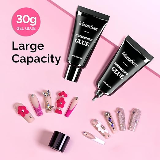 MelodySusie Nail Rhinestone Glue for Nails Super Strong Gel for Nail Charms Gems 3D Nail Gel UV Nail Glue for Nail Art Design Nail Chrome Powder Decals Decor Need UV/LED Cured 60g