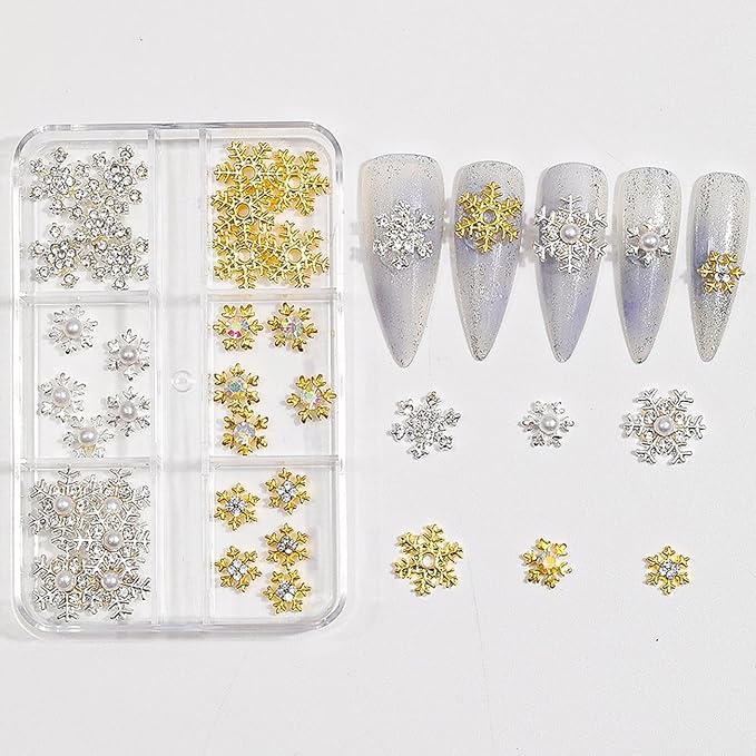 30Pcs Christmas Snowflake Nail Charms 3D Silver Gold Snowflake Nail Art Charms for Acrylic Nails, Alloy Snowflake Charms for Snowflake Nail Accessories Winter Holiday Nail Decorations Design