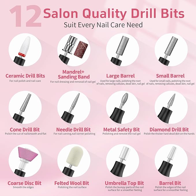 Cordless Nail Drill Electric File with UV Nail Lamp:Professional for Acrylic Gel Dip Powder Nails Portable Nail Drill Machine Kit for Manicure Pedicure Nail Set Rechargeable Lightweight (Black)