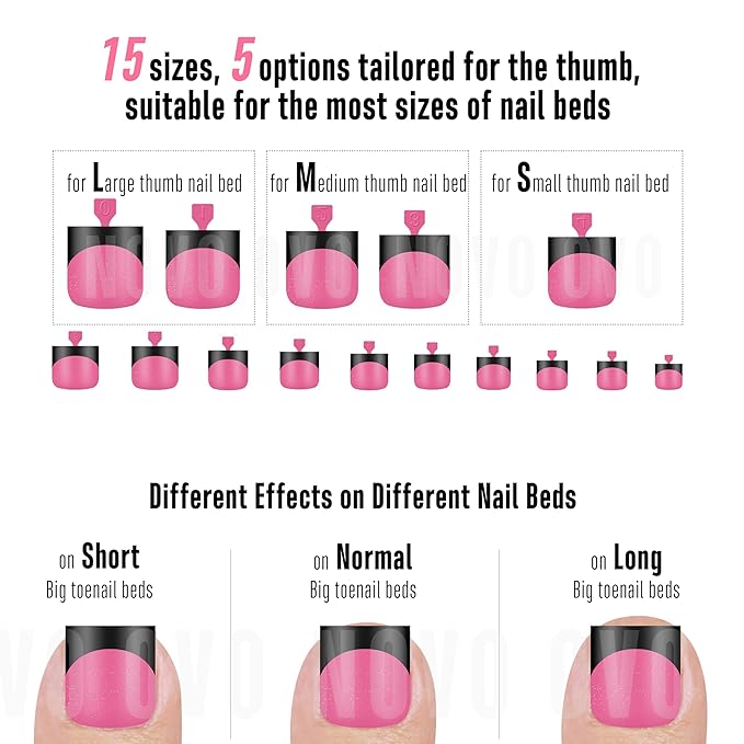 NOVO OVO Halloween Black French Tip Toe Nail Tips Press on, ROSE PINK Sharp Square Pre-Designed Soft Gel False Toenail Extension, Medium Wide Fake Toenails, Full Cover Acrylic for DIY 15 Sizes 240 pcs