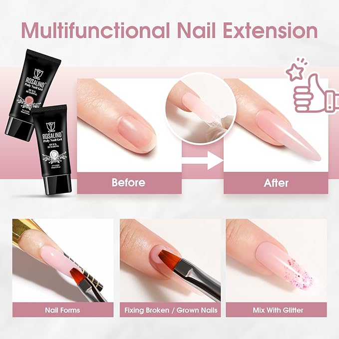 ROSALIND Nude&Clear Poly Extension Gel for Nails, 2 PCS 1oz/30ml Clear Nude Poly Builder Pink Gelfor Gel Nail Extension