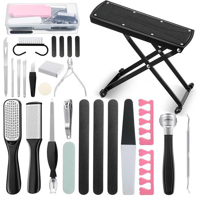 Gisafai 27 Pcs Pedicure Kit Professional Pedicure Tools Pedicure Foot Rest Foot Scrubber Dead Skin Remover Non Slip Pedicure Stand Foot Care Kit for Home Salon Care Men Women Foot Callus Remover