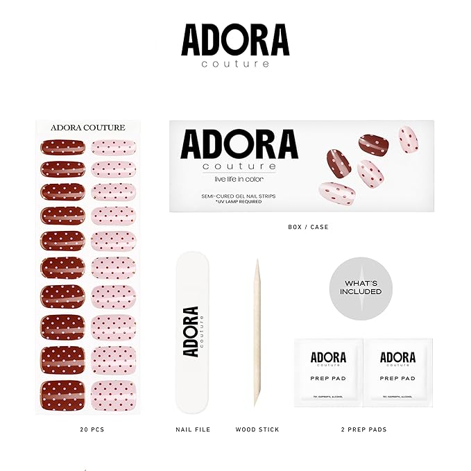 Semi-Cured Gel Nail Strips - 20 Salon-Quality Gel Sticker with UV Light Required, Long Lasting, Easy Application & Removal, Includes Prep Pad, Nail File, Wooden Stick (Dots Deluxe)