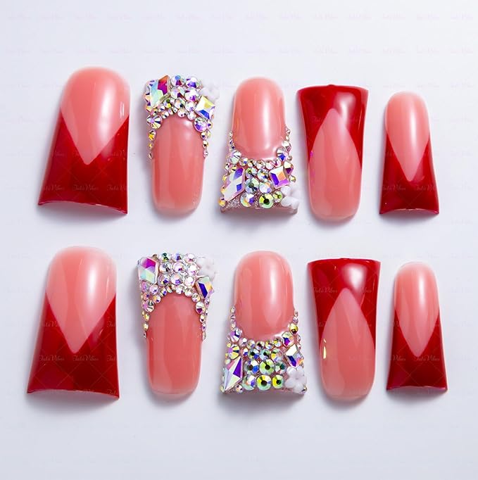 10 Pieces Luxury Acrylic Press On Nails Long Handmade Duck Nails, Red Thickened False French Nails, With Bling Rhinestones & Y2K Princess Vibes, Reusable Fake Nails Acrylic Nails (L)