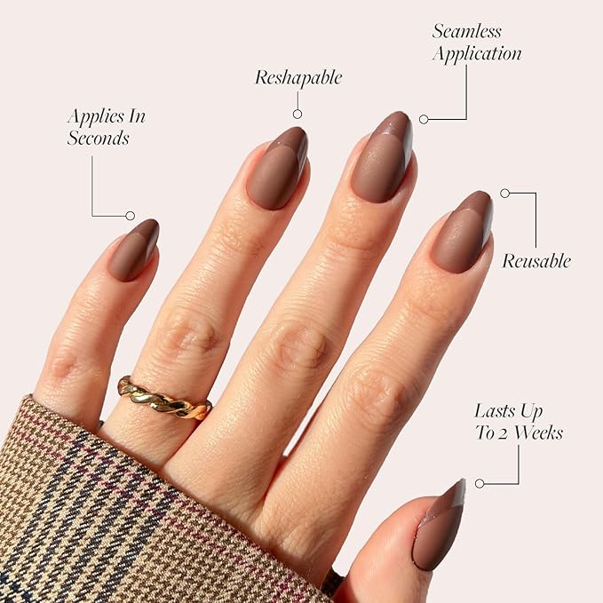 Glamnetic Press On Nails - Terra Fake Nails | Short Almond Dark Brown Nails with Glossy French Tips in a Matte Finish | 15 Sizes - 30 Nail Kit with Glue