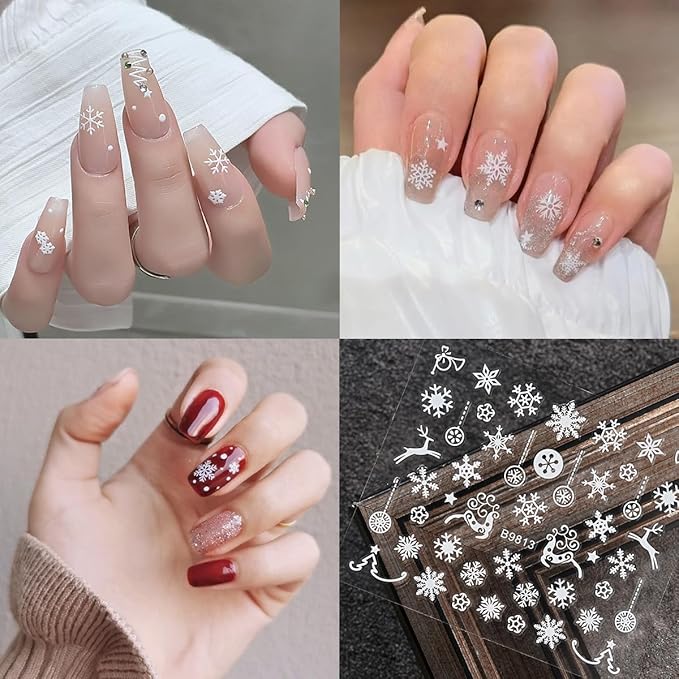 30 Sheets White Snowflake Nail Stickers Christmas Nail Art Stickers 3D Snowmen Xmas Bell Elk Design Stickers Winter Nail Decals Santa Claus Christmas Nail Supplies for Women DIY Manicure Decor Tips