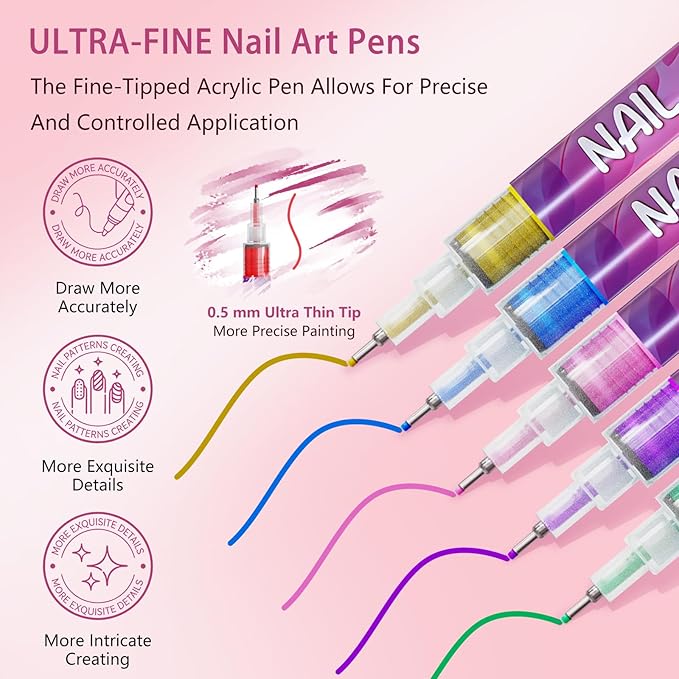 Nail Art Pens Set,12 Color 3D Quick-Dry 0.5MM Nail Polish Pens,Acrylic Nail Paint Markers Kit,DIY Graffiti Dotting Liner Pen for Manicure Home Salon Beginners