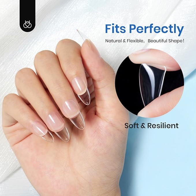 Beetles Gel Nail Tips Almond Medium Shape Nails, 500Pcs Pre Shaped Soft Nail Tips Clear Full Cover False Nails for Gel Nail Polish Soak Off Easy Nail Extensions Press on Nails