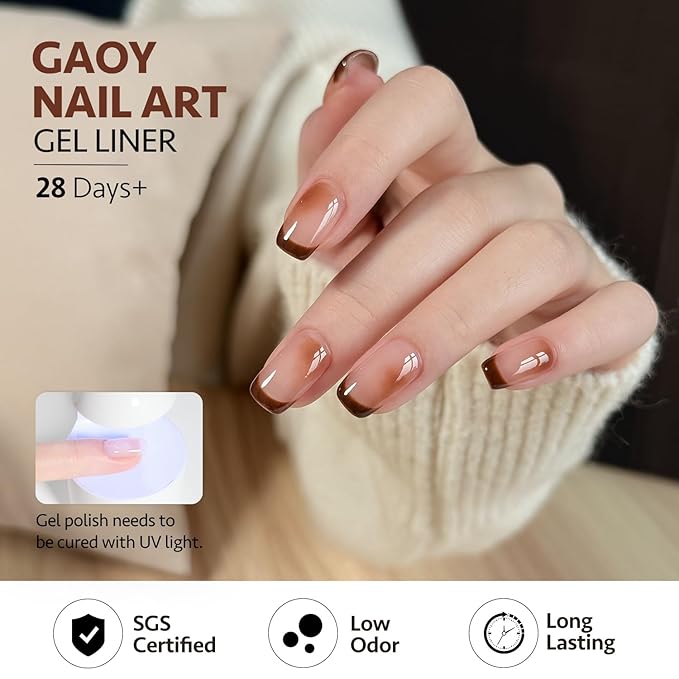 GAOY Brown Swirl Gel Nail Polish Art Liner, 12ml Dark Brown Color Nail Paint Design with Thin Brush, UV Light Cure for DIY French Manicure at Home