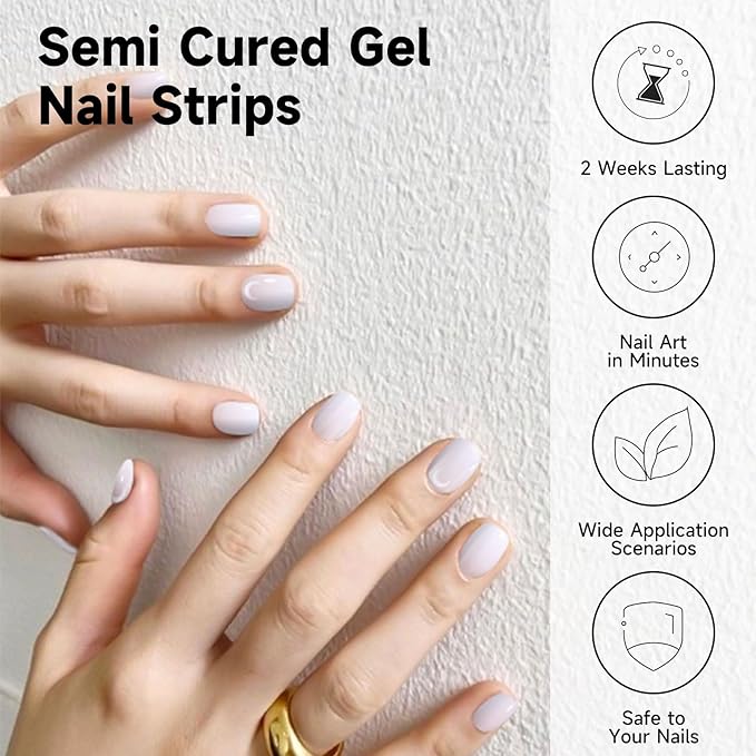 Semi Cured Gel Nail Strips, 28 pcs Gel Nail Stickers Work with Any UV Lights, Long-Lasting Nail Wraps, Stick on Nails for women Easy to Apply & Remove