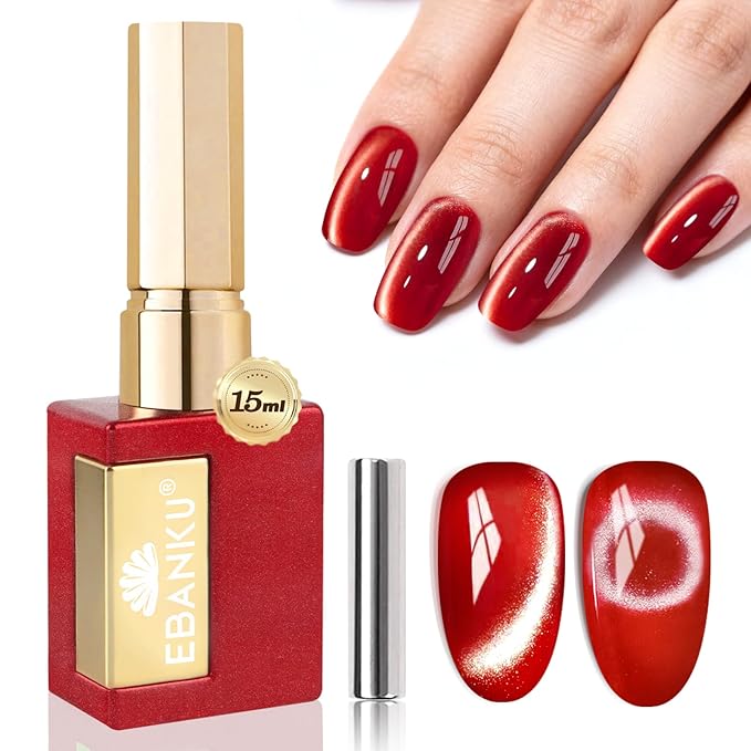 EBANKU Christmas Red Cat Eye Gel Nail Polish, Cat Eye Gel Polish with Magnet 15ML 0.5 OZ Holographic Glitter Shimmer Translucent Jelly Color Magnetic Polish Salon DIY at Home