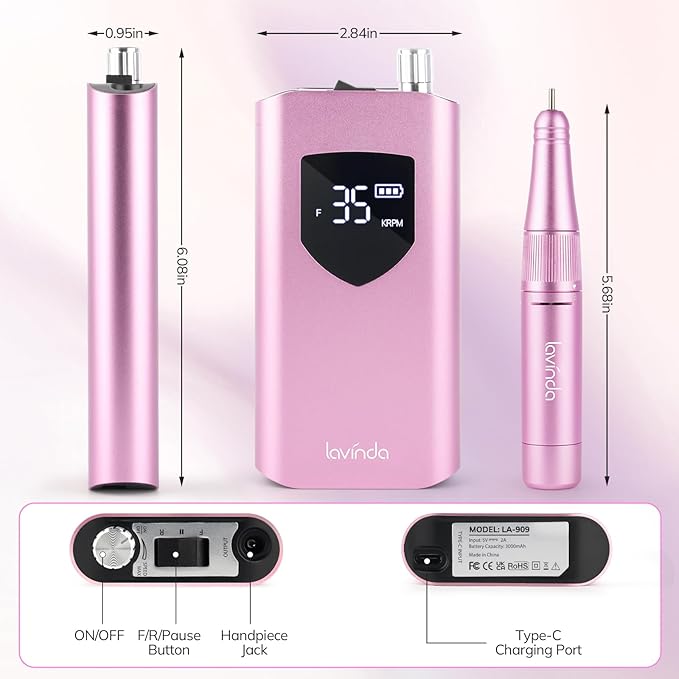 Lavinda Nail Drill 35000 RPM, Cordless Rechargeable Electric Nail File Machine, Professional Efile for Acrylic Nails, Gel Polish, Cuticle Removal, Home and Salon (Pink)