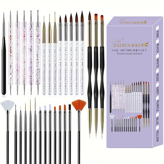 31 Pcs Nail Art Tool Set, Nail Art Brushes Kit with Liner, Dotting, Fan & Flat Nail Brush Drawing Pen for Acrylic, Gel Polish, DIY Manicure at Home & Salon Design Supply-Black