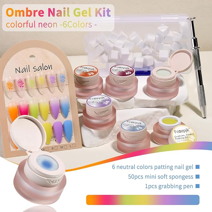 6 Colors Cushion Pat Painting Gel Nail Polish, Neon Green Hot Pink Ombre Gradient Paint Gel with 50PCS Soft Nail Sponges Grabbing Pen Aura Blending Stamping Summer Design Matte No Wipe