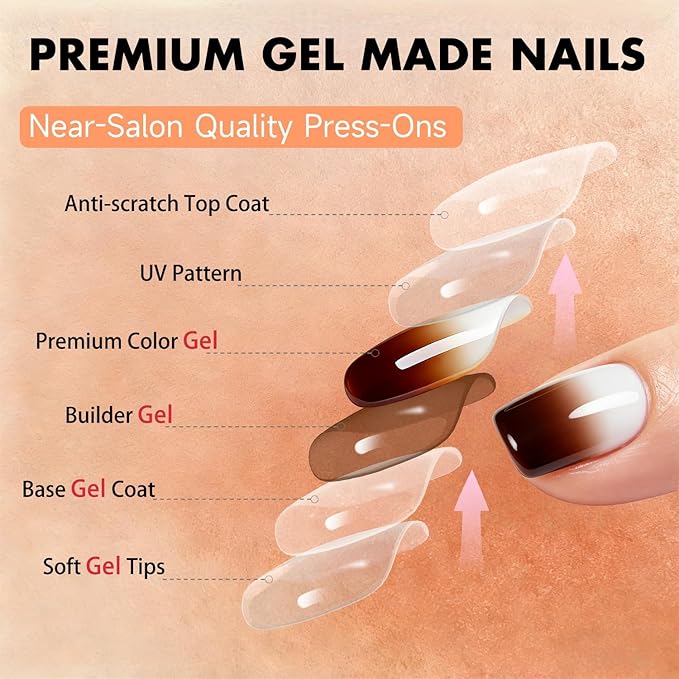 Chrome Ombre Brown Press on Nails Short Square, Glazed Cute Fake Nails with Sparkle Mirror Design, Shiny Glitter Glue on Nails Short, Gradient Nude Gel Nail Press ons with Glue 30 Pcs