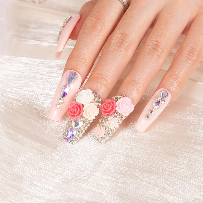 LOVFUL Press on Nails Rose Garden | Handmade with Full Covered Crystals | Reusable Full Cover Nails | Coffin Classic Regular 1.3 in | H107-S