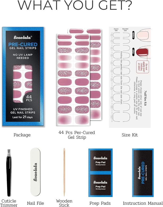 Real Gel Nail Strips (No UV Light Needed) - 44Pcs Salon Quality Nail Stickers - Long Lasting Polish Wraps for Women, Easy Apply & Remove (Muted Pink)