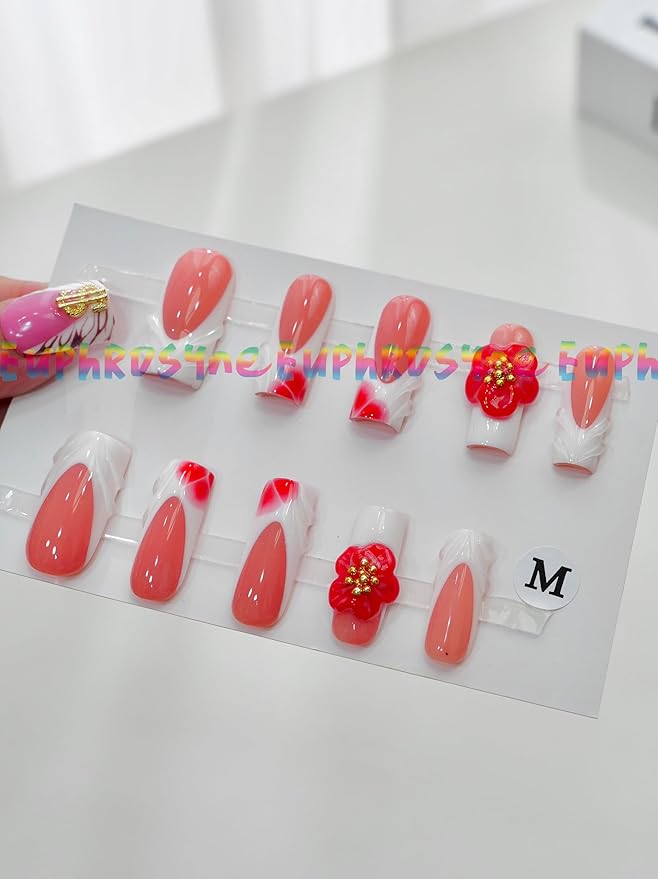 10PCS Red and White Press On Nails – Short Coffin Fake Nails with Swirl Design and 3D Flower Charms, Glossy Reusable Cute Nails for Women and Girls – Euphrosyne