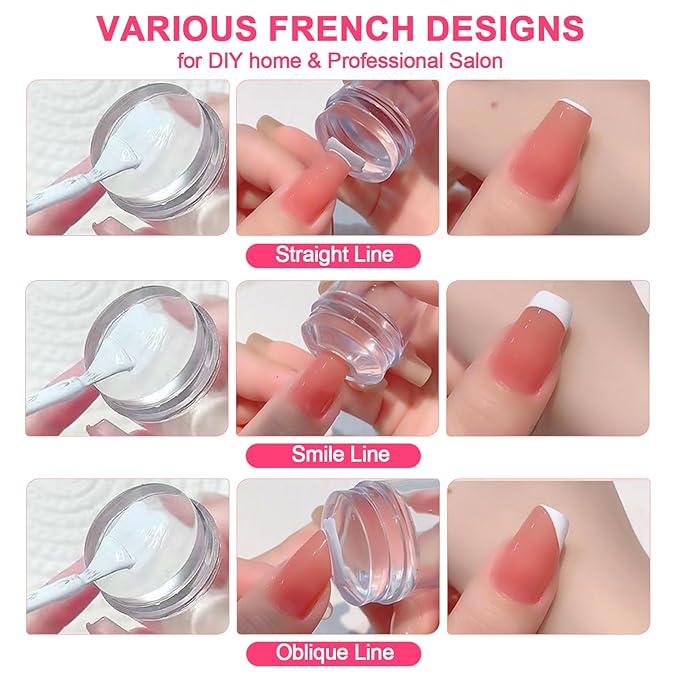 Jelly Nail Stamper & Liner Nail Art Brushes - French Tip Nail Design Tools, Silicone Nail Art Stamping Stamper with Scraper, French Tip Stamp Liner Brush for Manicure Home DIY Salon