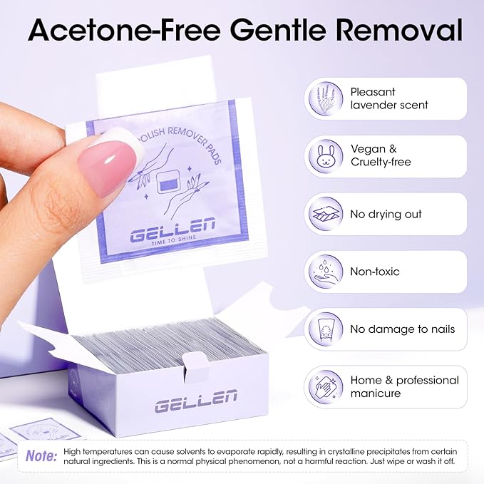 Gellen Nail Polish Remover Pads, 100% Non-Acetone, 200 Pack Bulk Individually Wrapped, 3-5s Removal for Regular Nail Polishes, 10 mins for Gel Nail Polish, Lavender Oil No Drying Out for Home Salon